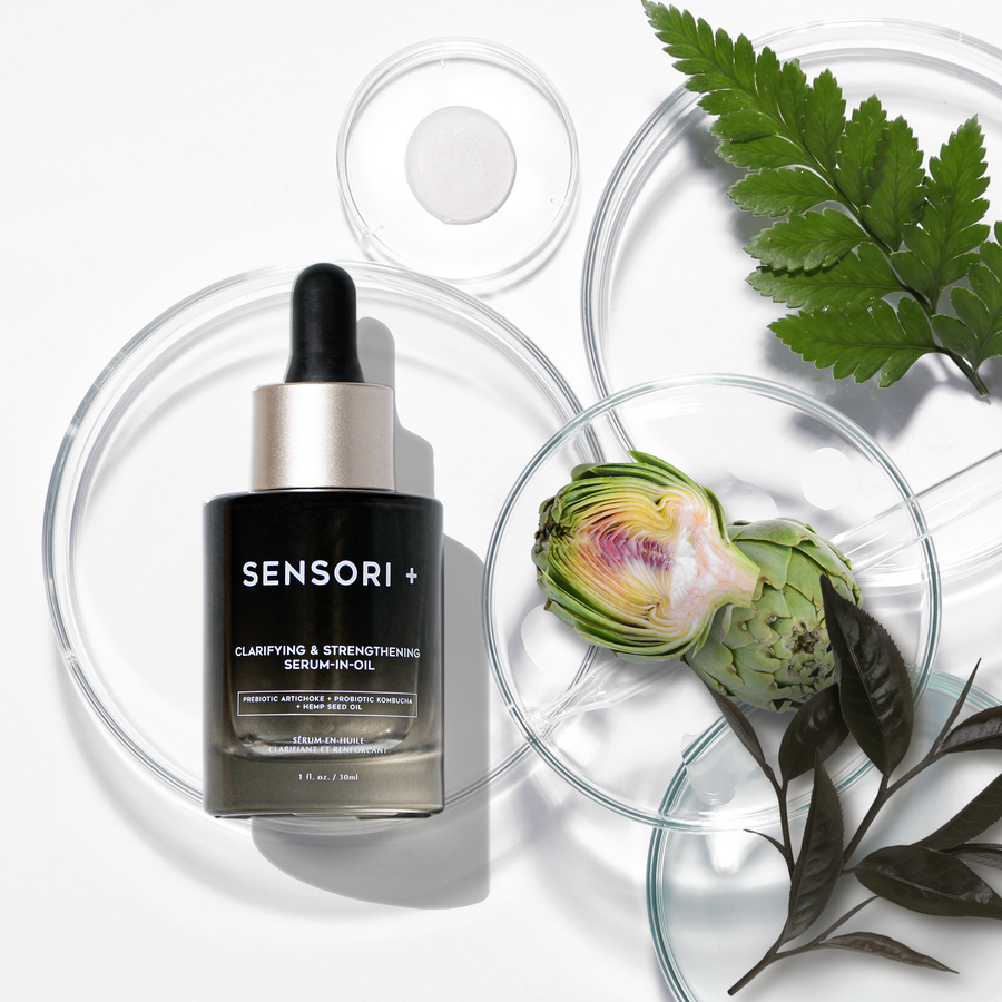 Clarifying & Strengthening Serum-in-Oil is a blend of Probiotic Kom­bucha and Prebiotic Artichoke in the water phase, seeding the skin with good bacteria.
